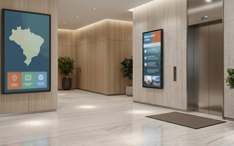 Hall de condomínio com sinalização digital e painel informativo ao lado do elevador