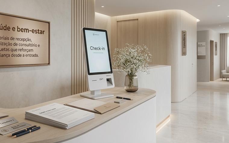 Recepção de clínica com totem de check-in e sinalização de consultório